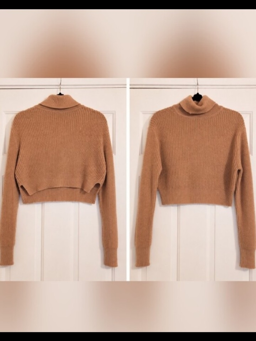 UK2LA Camel Tan Ribbed Knit Cropped Turtleneck Sweater Cozy Coquette Size Medium